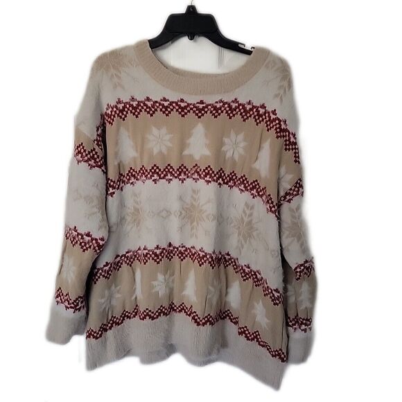 Holiday Time Christmas Pullover Knit Sweater ~ Sz 2X (20W-22W) Beige, White, Red - Picture 1 of 6